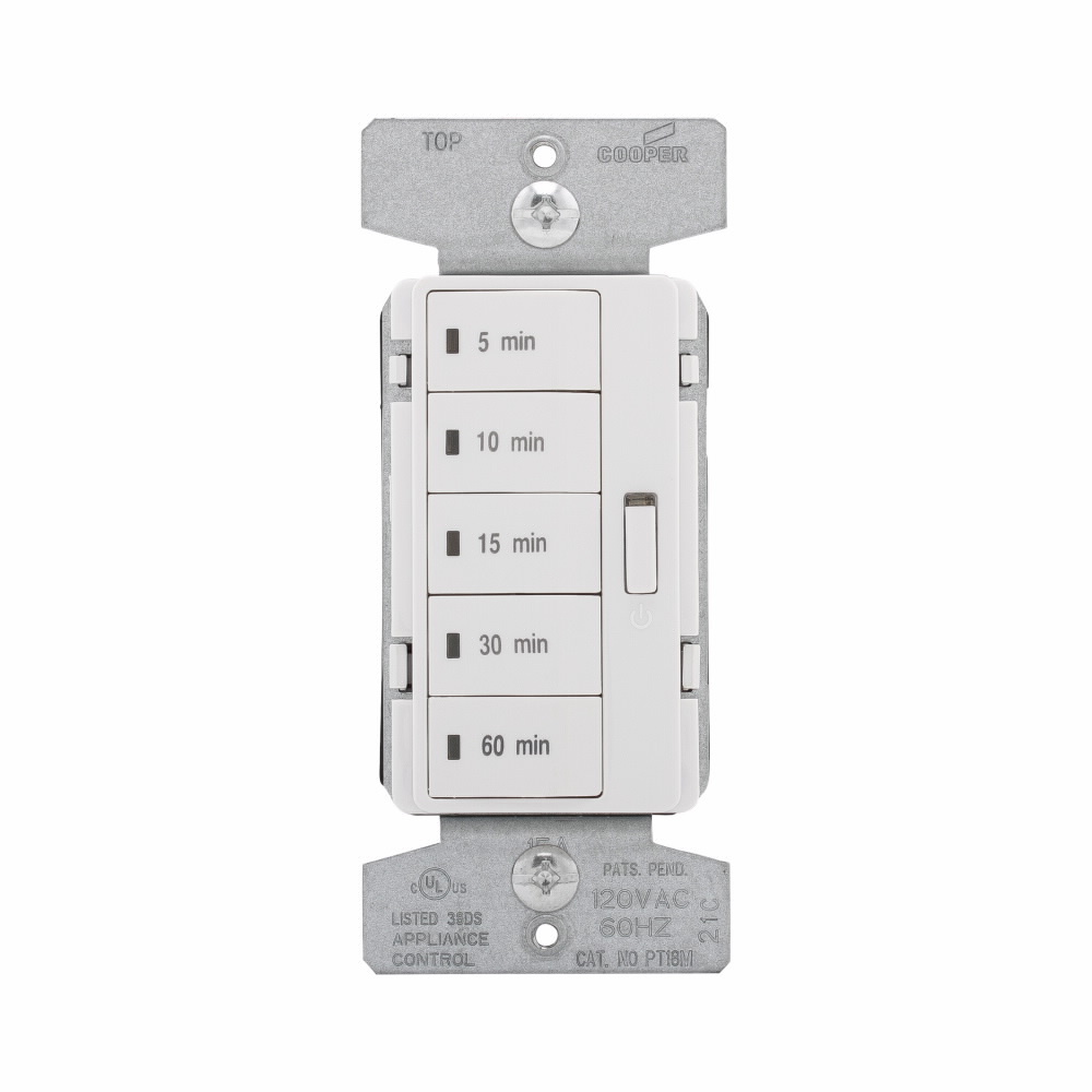 Eaton Accell minute timer, 5, 10, 15, 30, and 60 minute default settings, 15A, 120V, Wire leads, Five button, Light almond, white, ivory, Load type: Incandescent, halogen, MLV, ELV, fluorescent, CFL, LED, Single-pole, Polycarbonate, 1800W