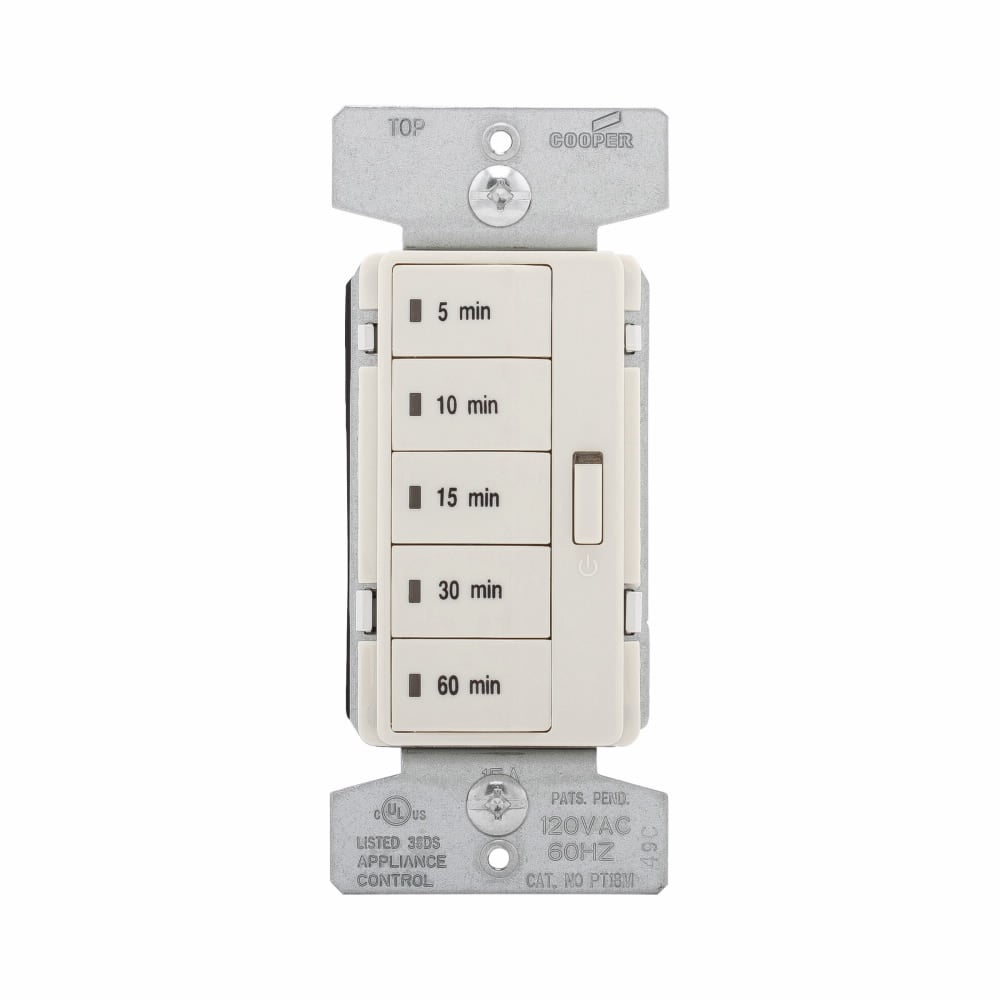Eaton Accell minute timer, 5, 10, 15, 30, and 60 minute default settings, 15A, 120V, Wire leads, Five button, Light almond, Load type: Incandescent, halogen, MLV, ELV, fluorescent, CFL, LED, Single-pole, Polycarbonate, 1800W