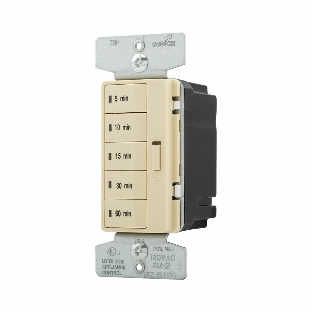 Eaton Accell minute timer, 5, 10, 15, 30, and 60 minute default time settings, 15A, 120V, Wire leads, Five button, Ivory, Load type: Incandescent, halogen, MLV, ELV, fluorescent, CFL, LED, Single-pole, Polycarbonate, 1800W