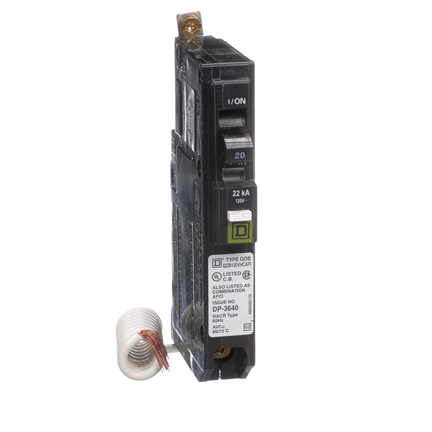 QOB120VHCAFI Miniature Circuit Breaker, 20 Amp, 1 Pole, 120/240V