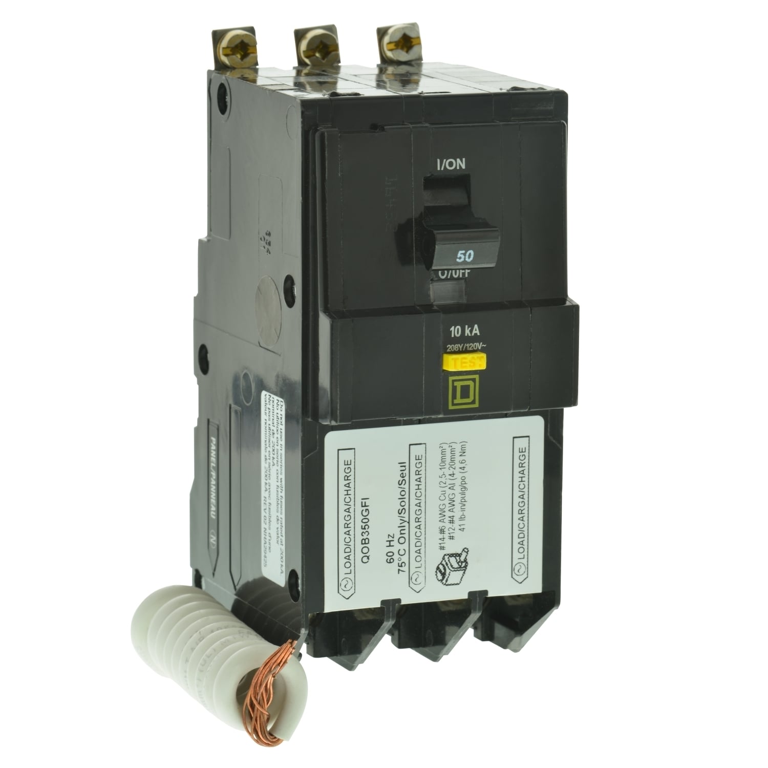 QOB350GFI Type QOB-GFI Class A Ground Fault Miniature Circuit Breaker, 208Y/120 V AC, 50 A, 10 kA Interrupt, 3 Poles, Thermal Magnetic Trip