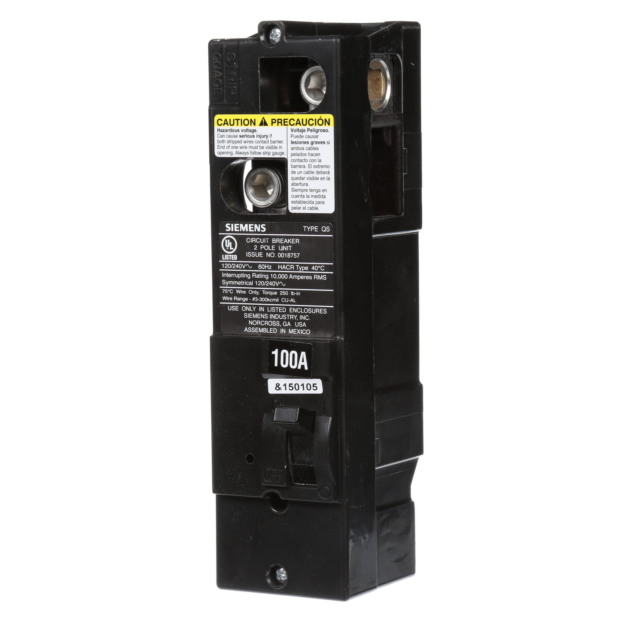 QS2100 Type QS Low Voltage Miniature Molded Case Circuit Breaker, 120/240 V AC, 100 A, 10 kA Interrupt, 2 Poles, Thermal Magnetic Trip