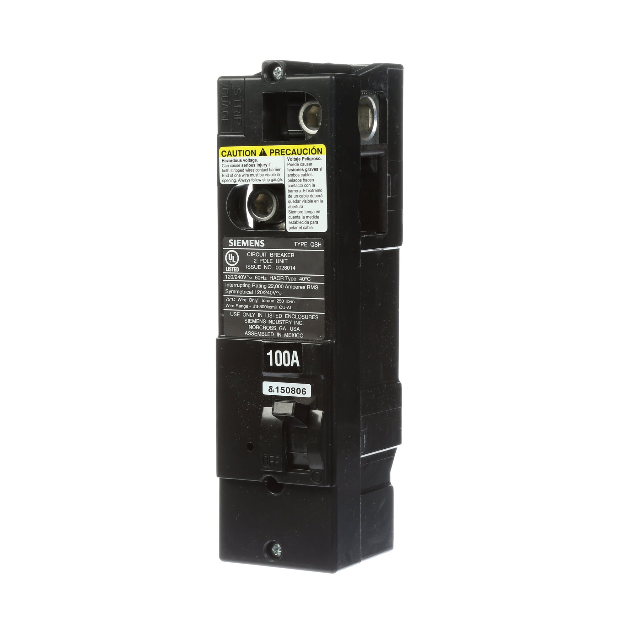 QS2100H Low Voltage Miniature Residential Molded Case Circuit Breaker, 120/240 V AC, 100 A, 22 kA Interrupt, 2 Poles, Thermal Magnetic Trip