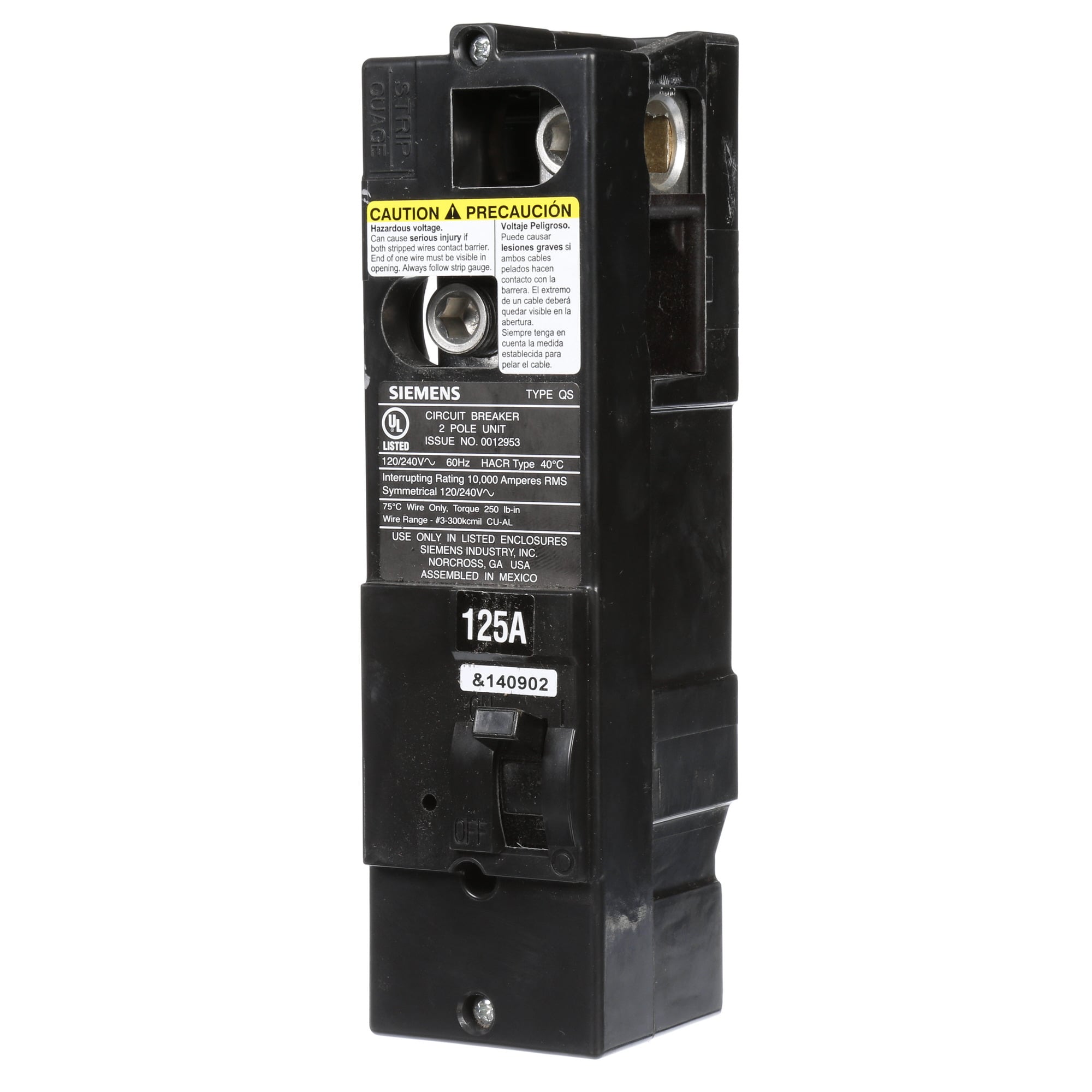 QS2125 Low Voltage Miniature Residential Molded Case Circuit Breaker, 120/240 V AC, 125 A, 10 kA Interrupt, 2 Poles, Thermal Magnetic Trip