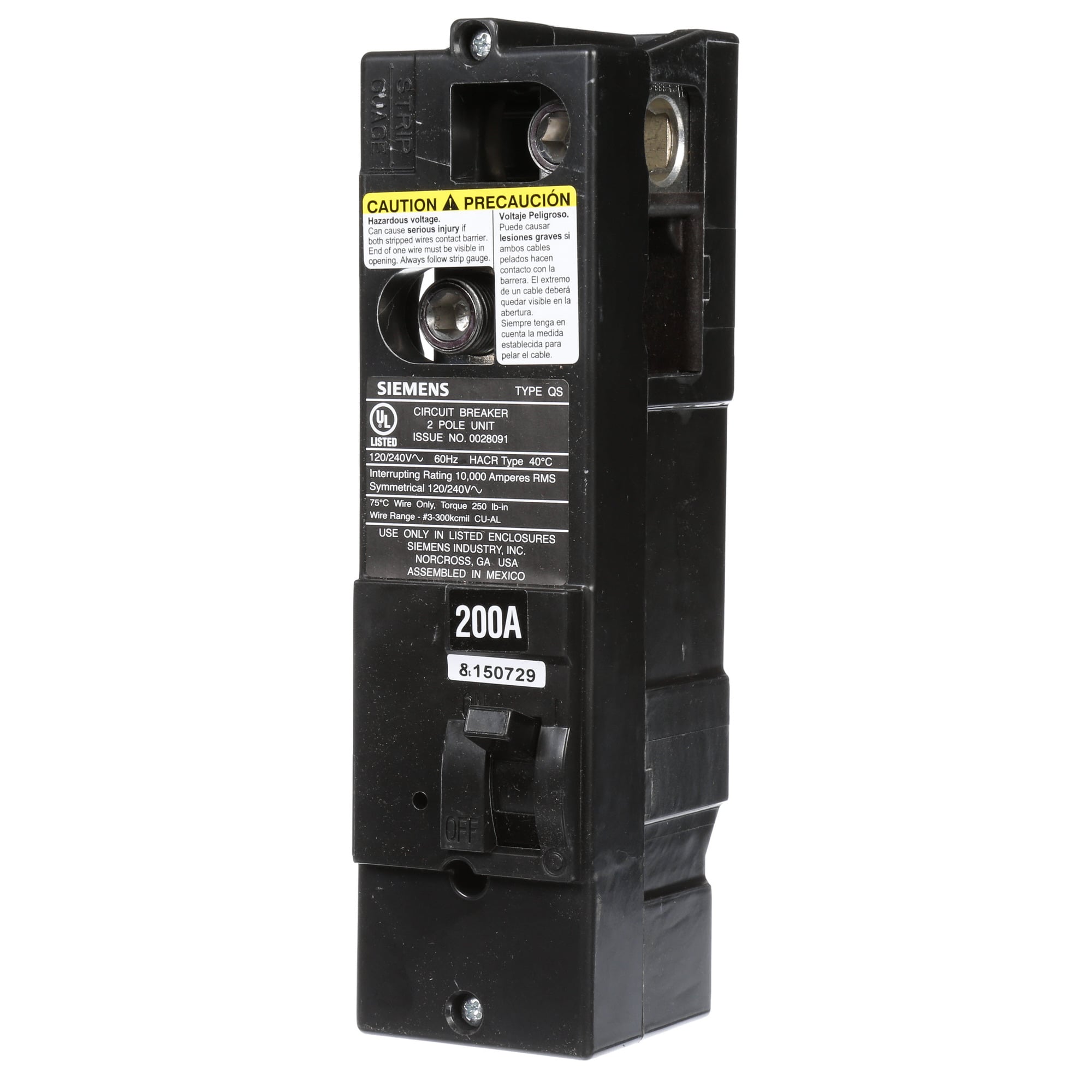 QS2200 Type QS Low Voltage Miniature Molded Case Circuit Breaker, 120/240 V AC, 200 A, 10 kA Interrupt, 2 Poles, Thermal Magnetic Trip