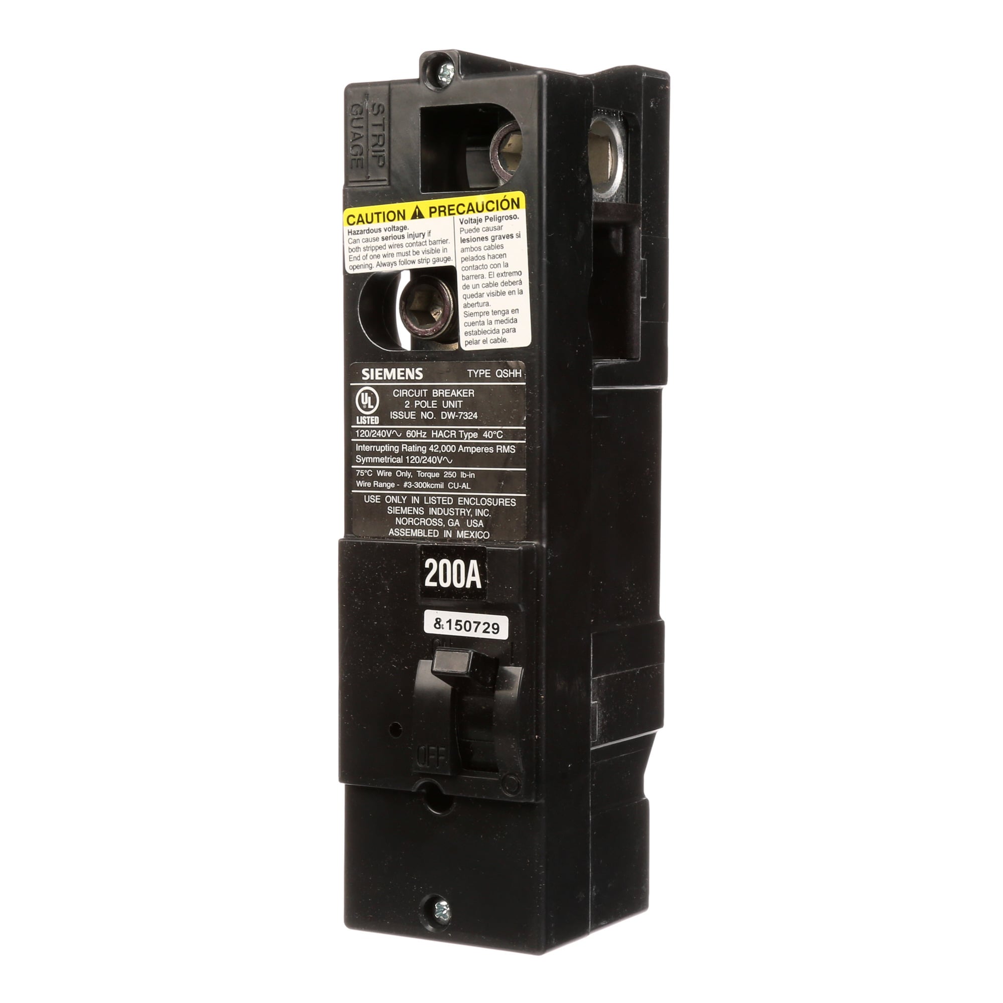 QSH2200 Low Voltage Miniature Residential Molded Case Circuit Breaker, 120/240 V AC, 200 A, 42 kA Interrupt, 2 Poles, Thermal Magnetic Trip