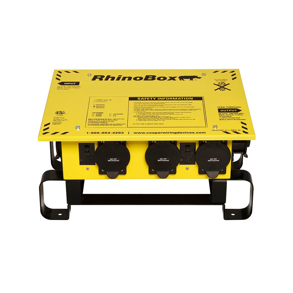 Eaton RhinoBox Econ power distribution unit, 50A, Two devices, Weatherproof, NEMA 3R, Str Aut, Yellow, Cold-rolled 18 gauge steel, 120/240V