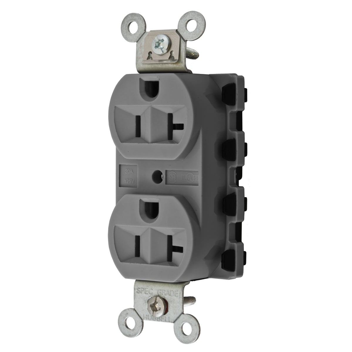 SNAP5362GYA 1-Phase Duplex Extra Heavy Duty Grounding Standard Traditional Screw Mount Straight Blade Receptacle, 125 V AC, 20 A, 2 Poles, 3 Wires, Gray