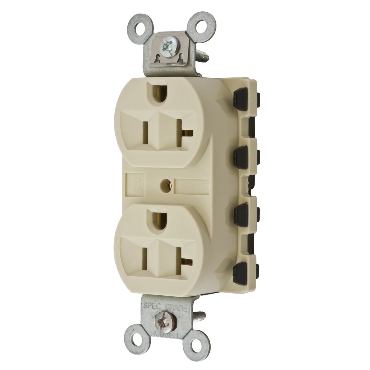 SNAP5362IA 1-Phase Duplex Extra Heavy Duty Grounding Standard Traditional Screw Mount Straight Blade Receptacle, 125 V AC, 20 A, 2 Poles, 3 Wires, Ivory