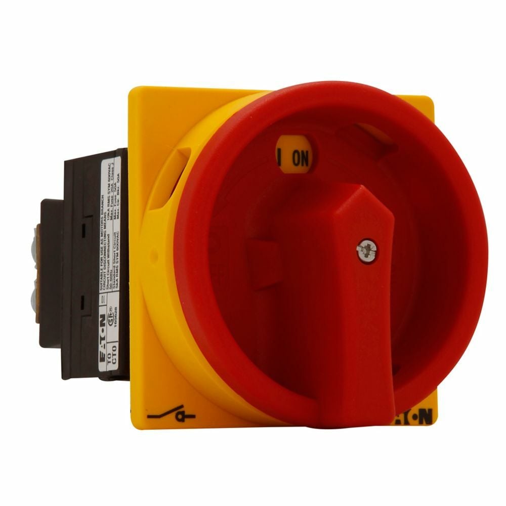 T0-2-1/EA/SVB Main Switch Rotary Disconnect With Red Rotary Handle and Yellow Locking Ring, 600/690 V AC, 12 A, 0.5 hp at 120 V AC, 1 hp at 200 V AC, 1.5 hp at 240 V AC at 1-Phase, 3 hp at 200/240 V AC, 7-1/2 hp at 480/600 V AC at 3-Phase, 3 Poles