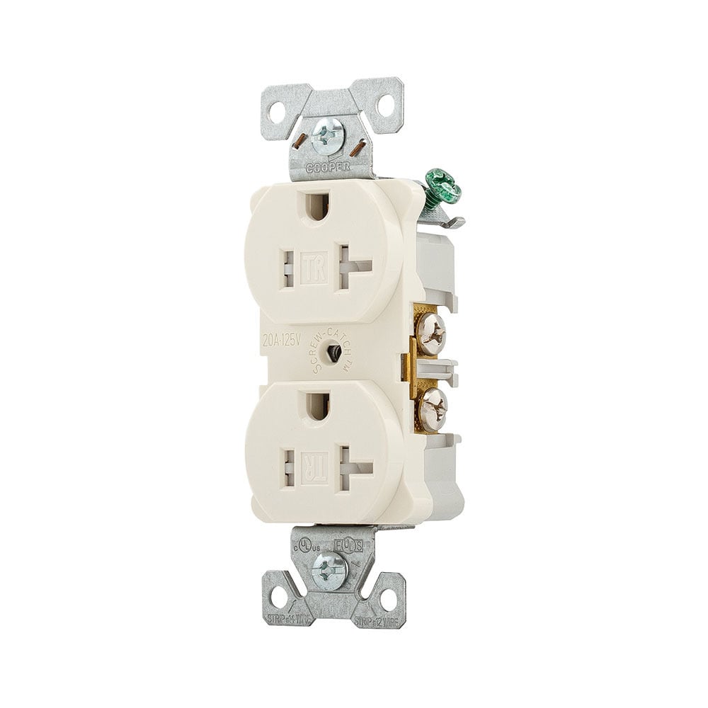 Eaton Arrow Hart heavy-duty industrial specification grade duplex receptacle,#14-10 AWG,20A,Industrial,Flush,125V,Back and side,Light almond,Brass,Impact-resistant thermoplastic face,PVC body,5-20R,Duplex,Screw,Thermoplastic,Core pack