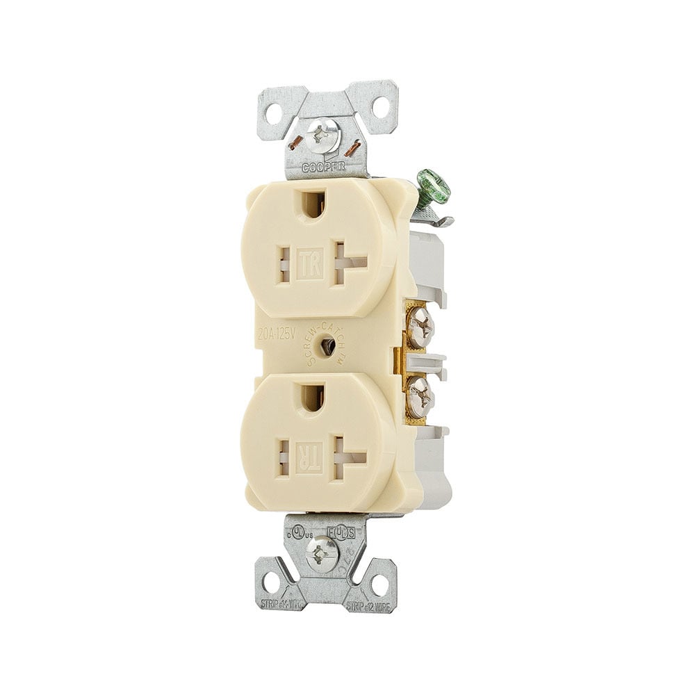Eaton Arrow Hart heavy-duty industrial specification grade duplex receptacle,#14-10 AWG,20A,Industrial,Flush,125V,Back and side,Ivory,Brass,Impact-resistant thermoplastic face,PVC body,5-20R,Duplex,Screw,Thermoplastic,Core pack