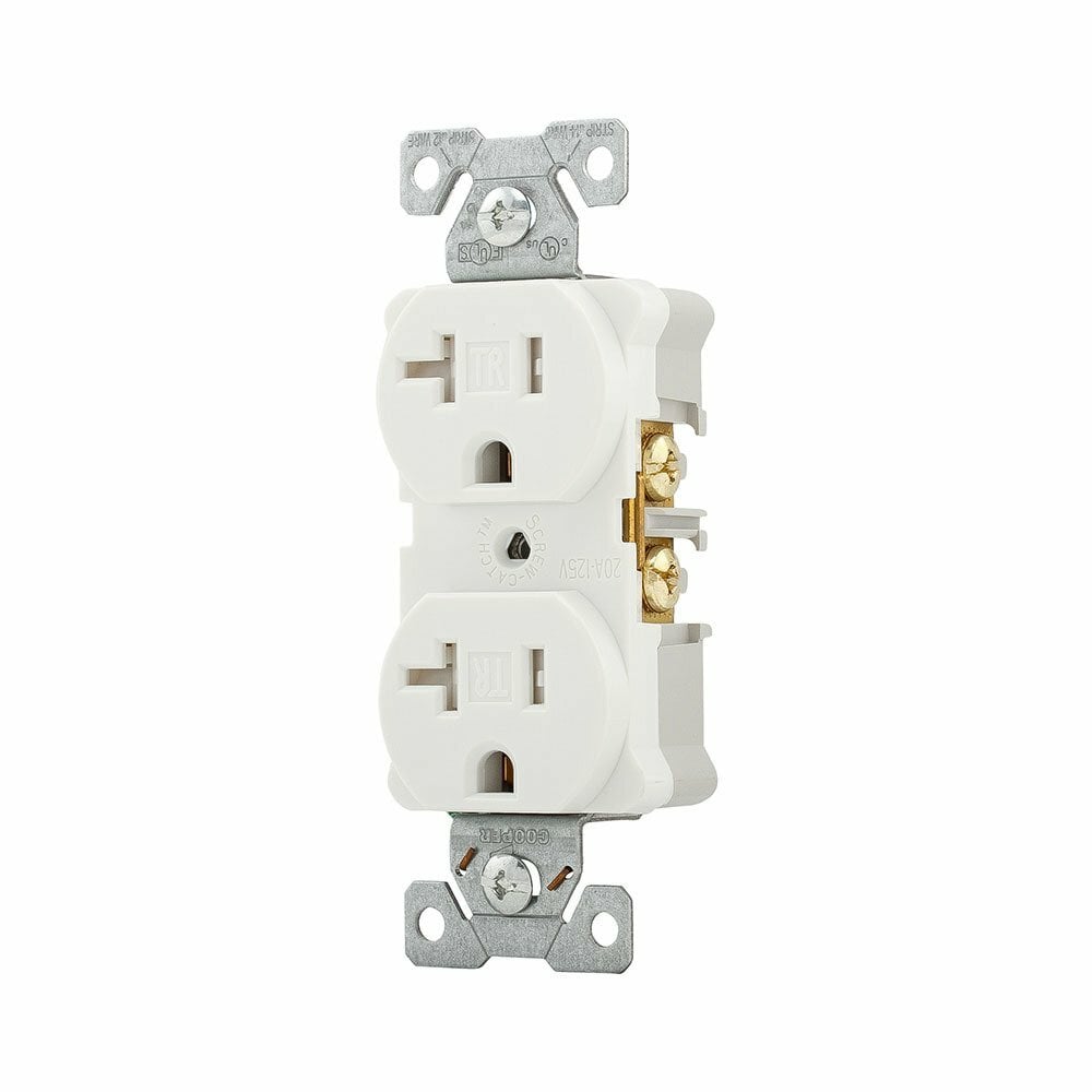 Eaton Arrow Hart heavy-duty industrial specification grade duplex receptacle,#14-10 AWG,20A,Industrial,Flush,125V,Back and side,White,Brass,Impact-resistant thermoplastic face,PVC body,5-20R,Duplex,Screw,Thermoplastic,Core pack