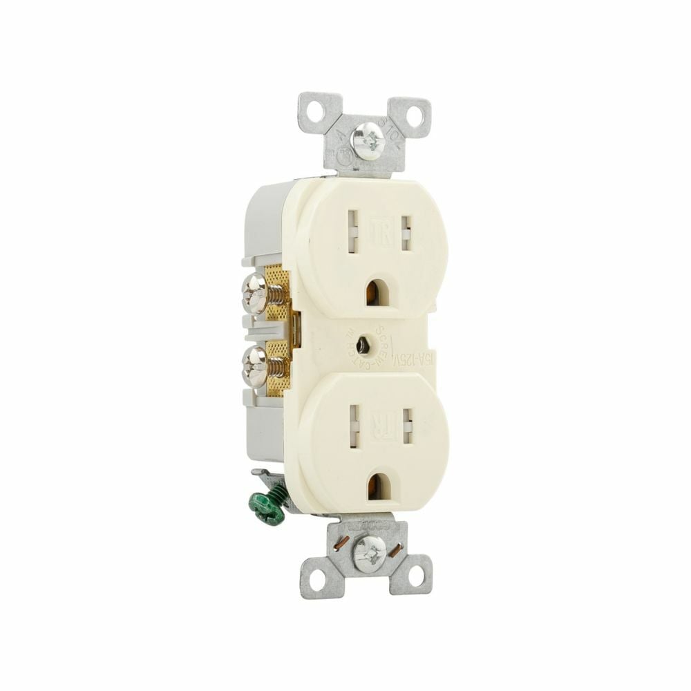 Eaton commercial specification grade duplex receptacle, #14-10 AWG, 15A, Commercial, Flush, 125V, Side wire, Almond, Brass, Impact-resistant nylon face, PVC body, 5-15R, Duplex, Screw, PVC, Core pack