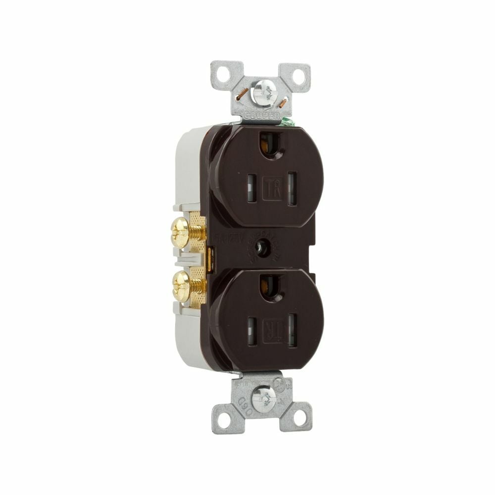 Eaton commercial specification grade duplex receptacle, #14-10 AWG, 15A, Commercial, Flush, 125V, Side wire, Brown, Brass, Impact-resistant nylon face, PVC body, 5-15R, Duplex, Screw, PVC, Core pack