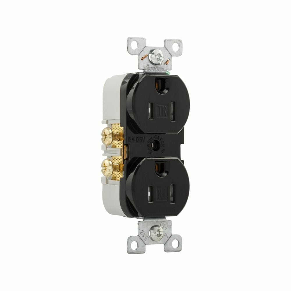 Eaton commercial specification grade duplex receptacle, #14-10 AWG, 15A, Commercial, Flush, 125V, Side wire, Black, Brass, Impact-resistant nylon face, PVC body, 5-15R, Duplex, Screw, PVC, Core pack