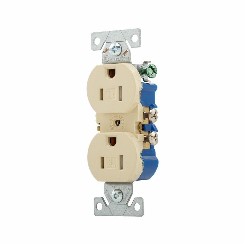 Eaton commercial specification grade duplex receptacle, #14-10 AWG, 15A, Commercial, Flush, 125V, Side wire, Ivory, Brass, Impact-resistant nylon face, PVC body, 5-15R, Duplex, Screw, PVC, Core pack