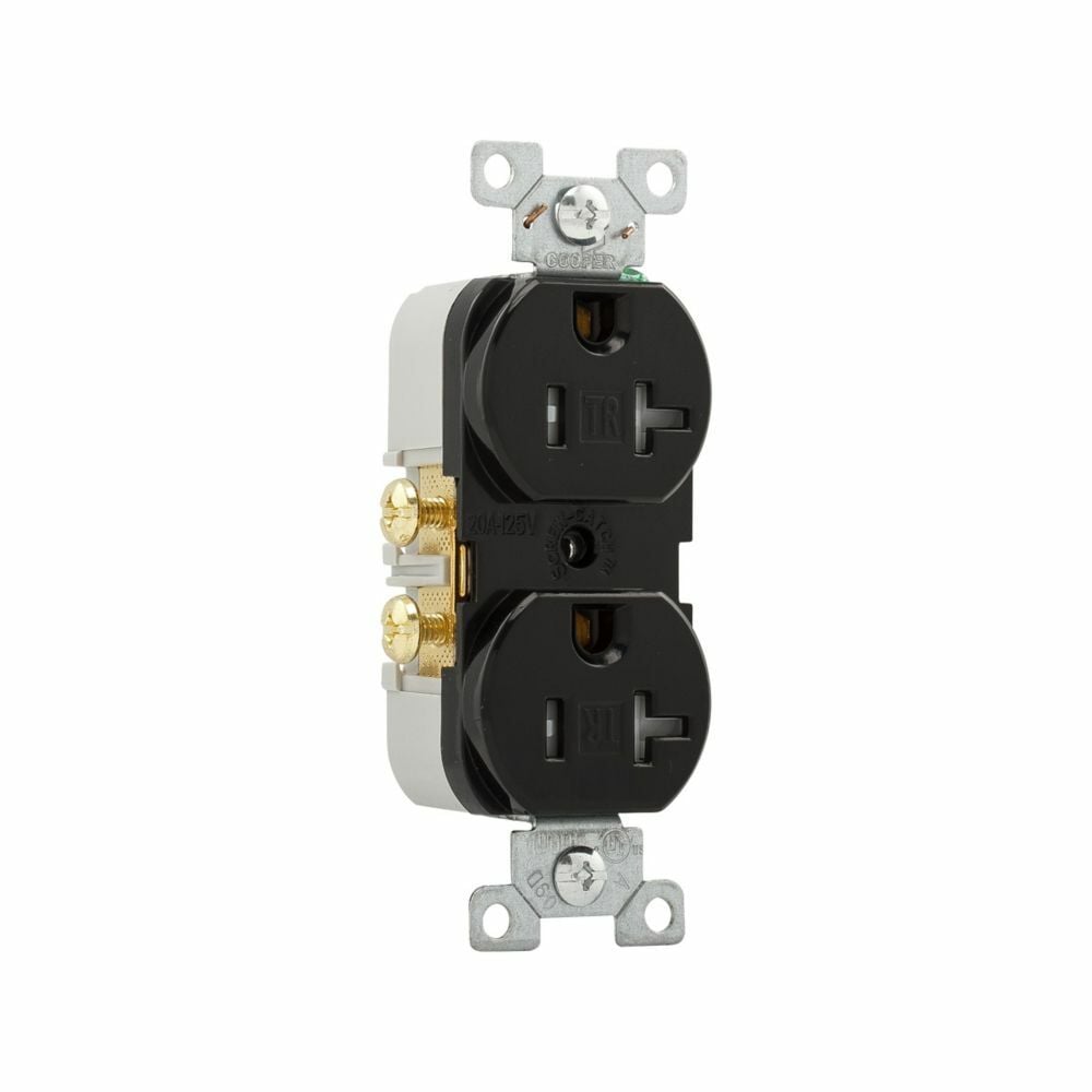 Eaton commercial specification grade duplex receptacle, #14-10 AWG, 20A, Commercial, Flush, 125V, Side wire, Black, Brass, Impact-resistant nylon face, PVC body, 5-20R, Duplex, Screw, PVC, Core pack