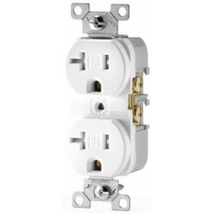Eaton commercial specification grade duplex receptacle, #14-10 AWG, 20A, Commercial, Flush, 125V, Side wire, Light almond, Brass, Impact-resistant nylon face, PVC body, 5-20R, Duplex, Screw, PVC, Core pack