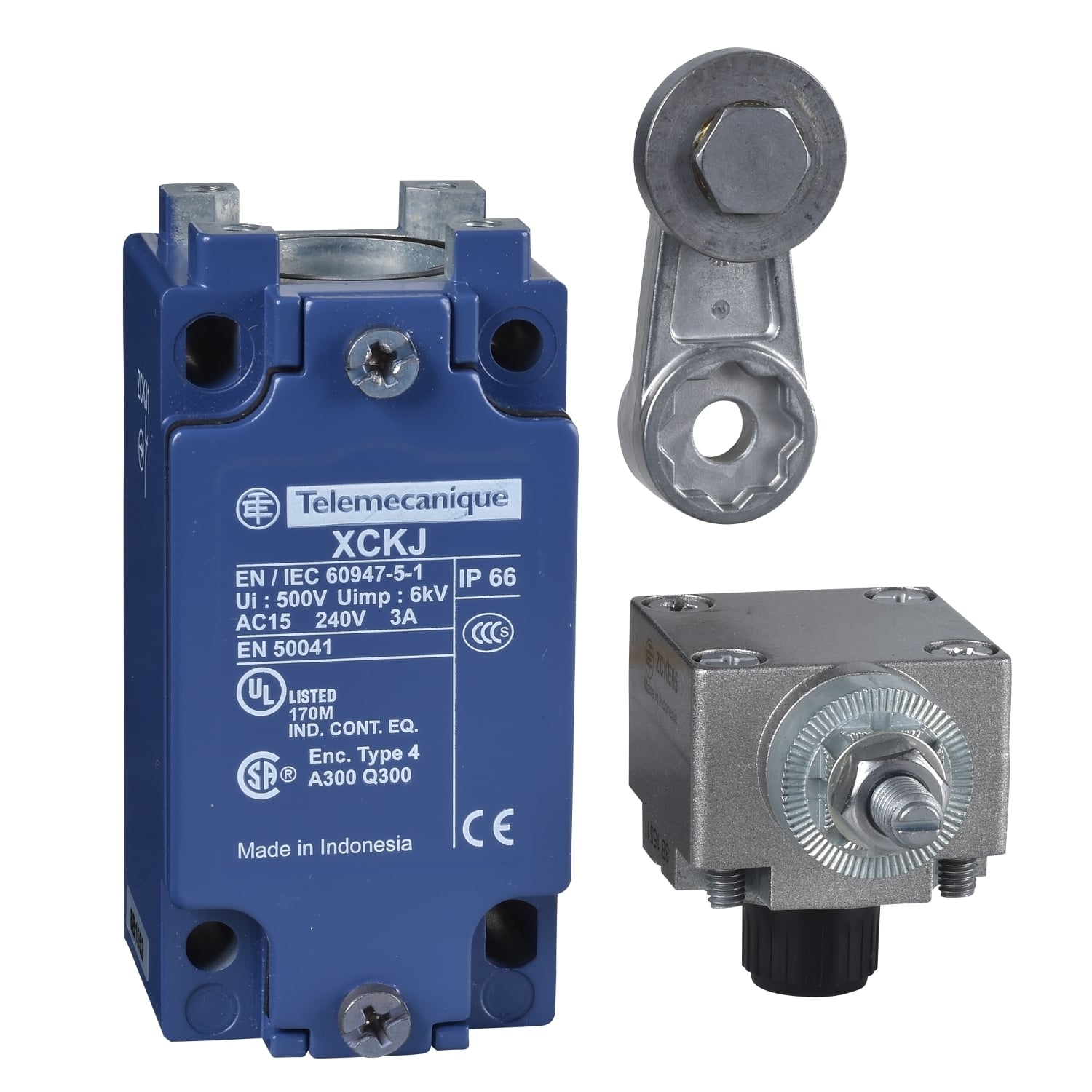 XCKJ10513H29 OsiSense Fixed Heavy Duty Non-Plug-In Limit Switch, 300/500 V AC, 10 A, Spring Return Roller Lever Actuator, 1NO-1NC Contact, 2 Poles