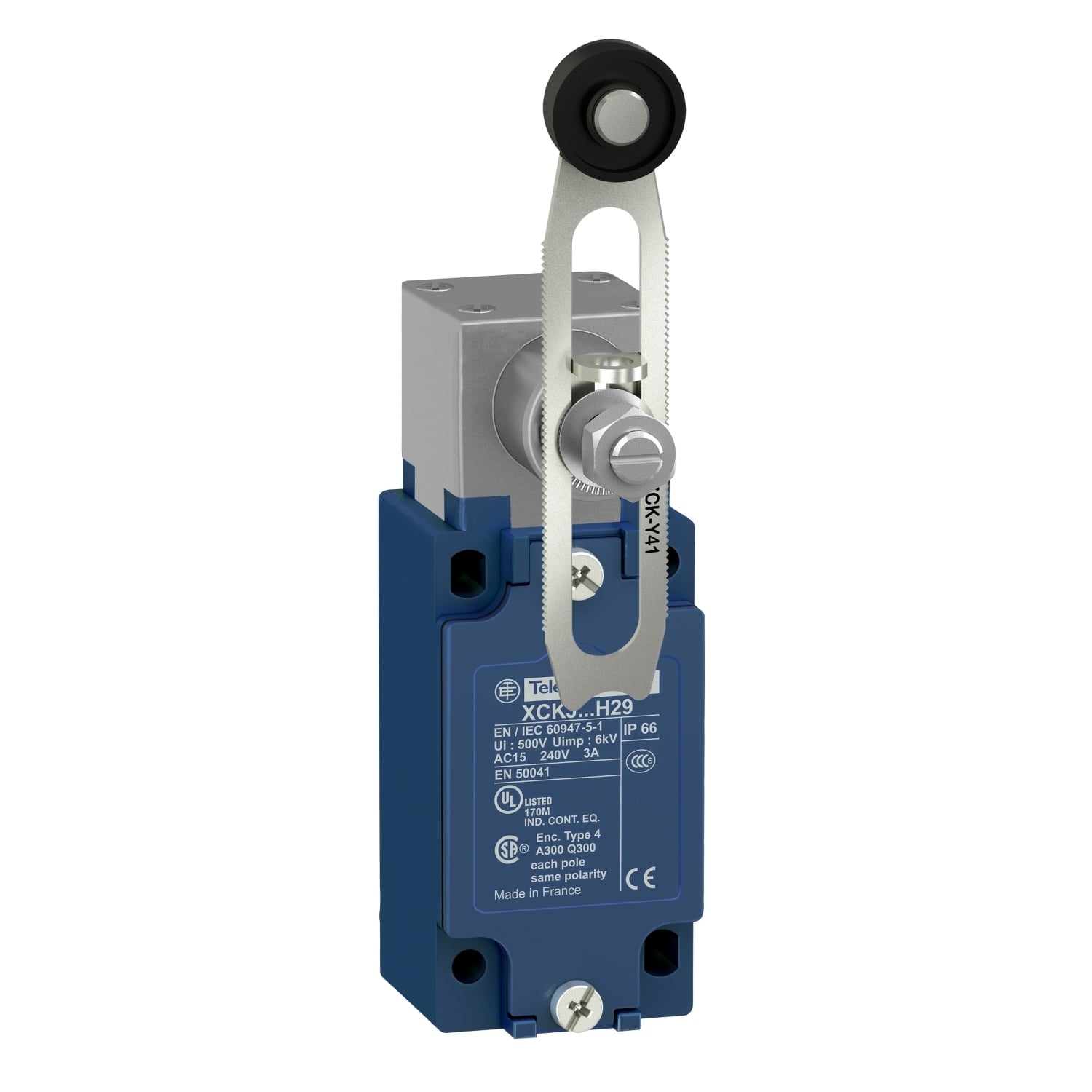 XCKJ10541D OsiSense Fixed Heavy Duty Non-Plug-In Limit Switch, 240 V AC, 250 V DC V AC, 4 A, Spring Return Roller Lever Arm Actuator, 1NO-1NC Contact, 2 Poles