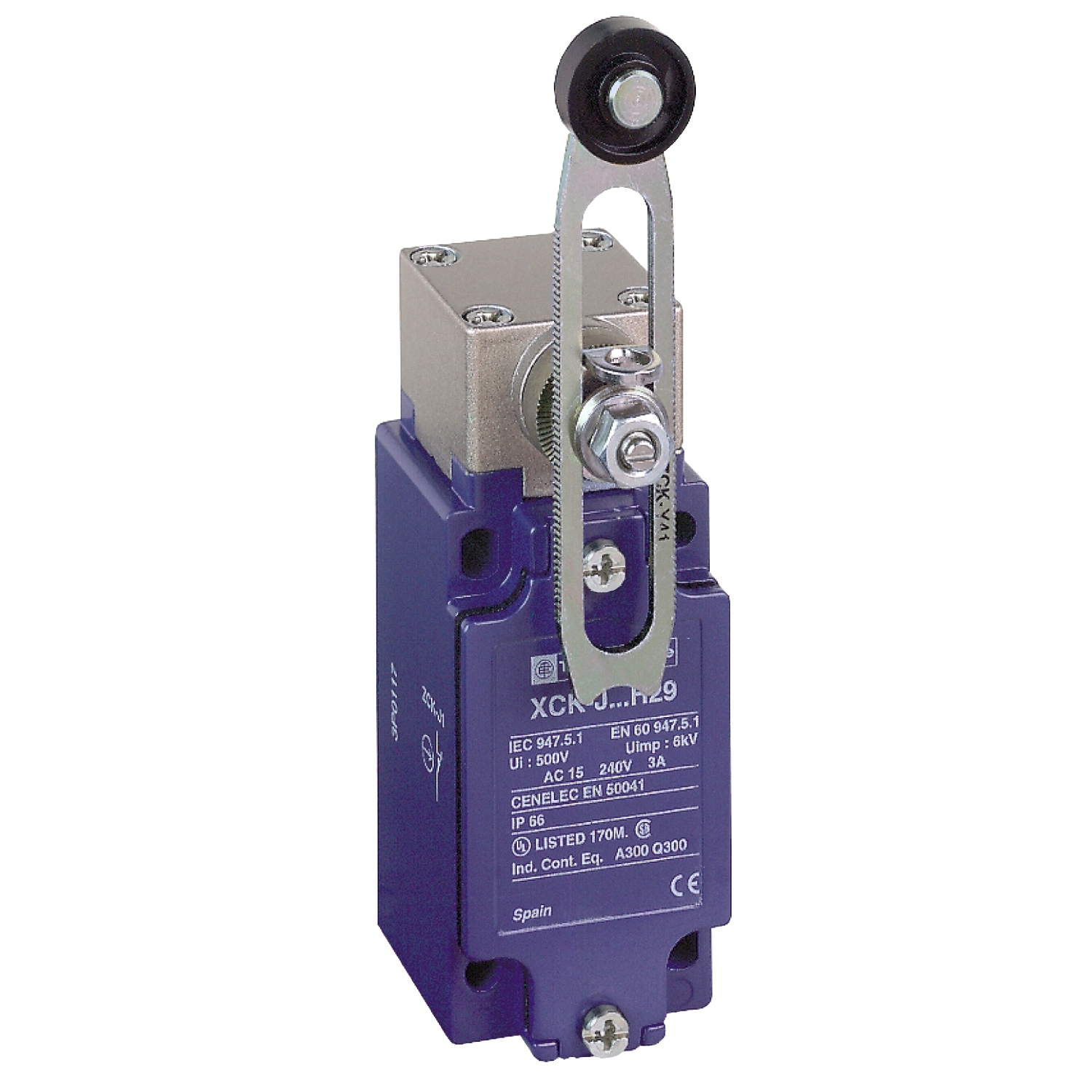 XCKJ10543H7 OsiSense XC Standard Format Fixed Limit Switch, 240 V AC, 10 A, Spring Return Roller Lever Actuator, 1NO-1NC Contact, 2 Poles
