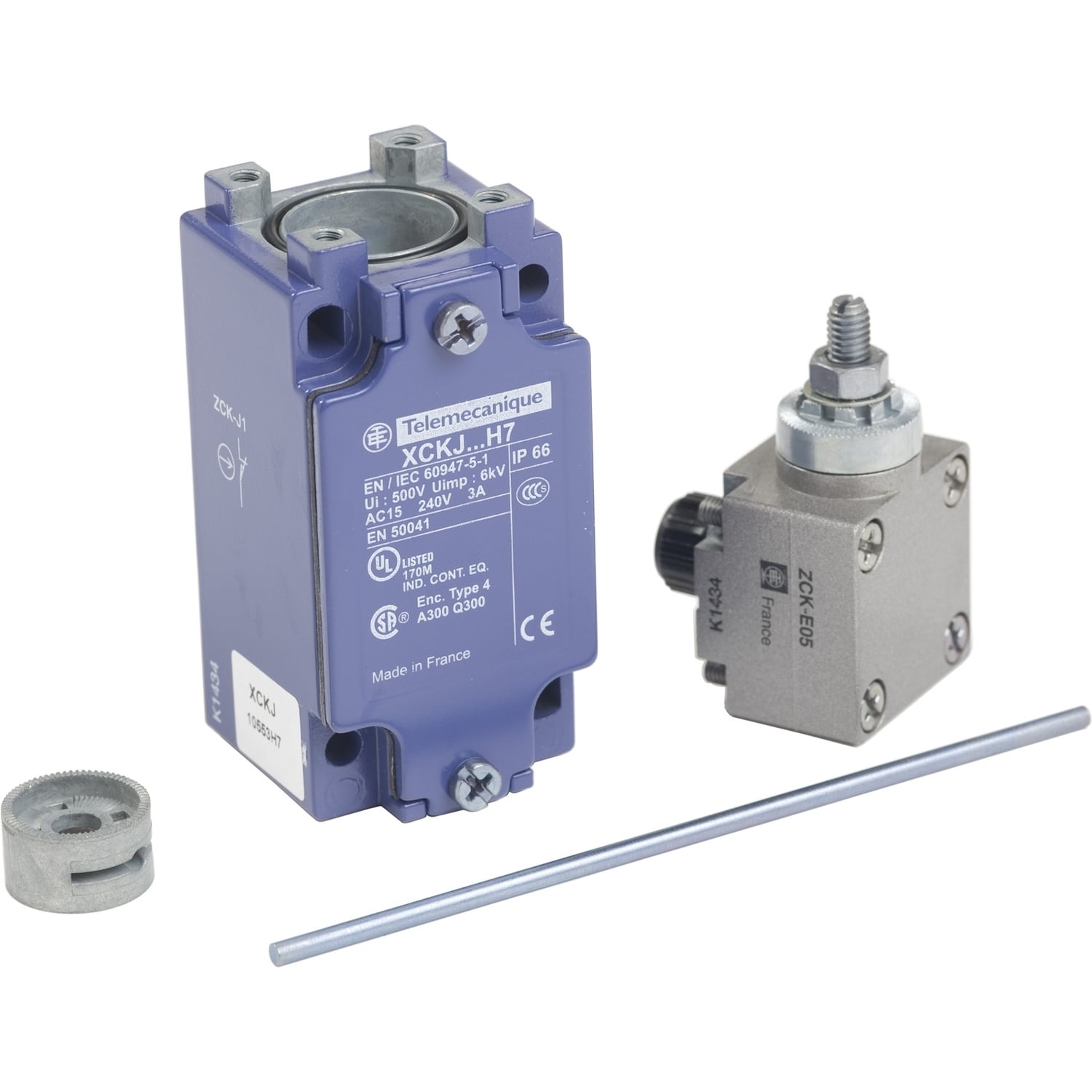 XCKJ10553H7 OsiSense Fixed Heavy Duty Non-Plug-In Limit Switch, 240 V AC, 10 A, Rod Lever Spring Return Actuator, 1NO-1NC Contact, 2 Poles