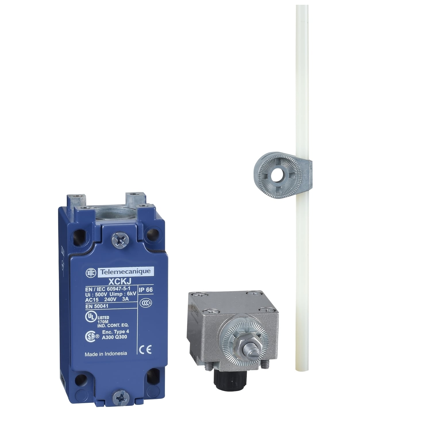 XCKJ10559H7 OsiSense Fixed Heavy Duty Non-Plug-In Limit Switch, 300 V AC, 10 A, Spring Return/Round Rod Lever Actuator, 1NO-1NC Contact, 2 Poles