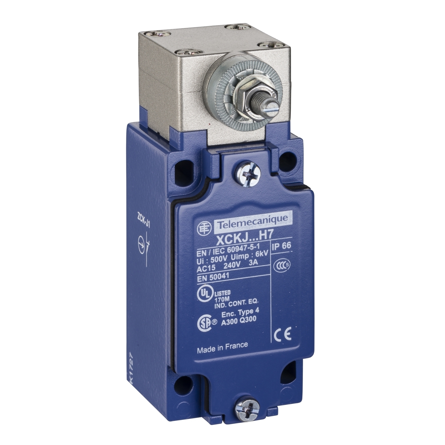 XCKJ105H7 OsiSense XC Standard Format Fixed Limit Switch, 240 V AC, 10 A, Spring Return Without Operating Lever Actuator, 1NO-1NC Contact, 2 Poles