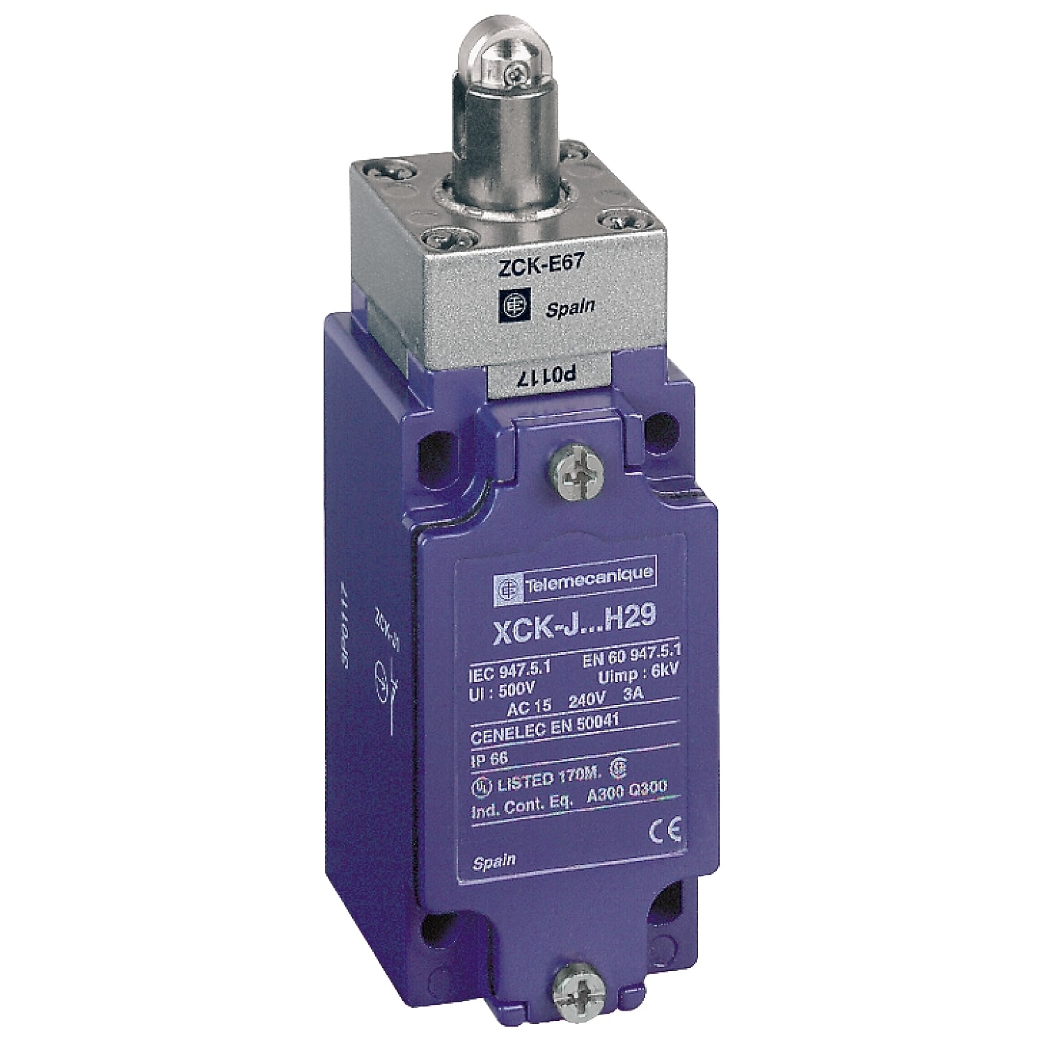 XCKJ167H7 OsiSense Fixed Heavy Duty Standard Format Limit Switch, 240 V AC/250 V DC, 10 A, Spring Return Roller Plunger Actuator, 1NO-1NC Contact, 2 Poles