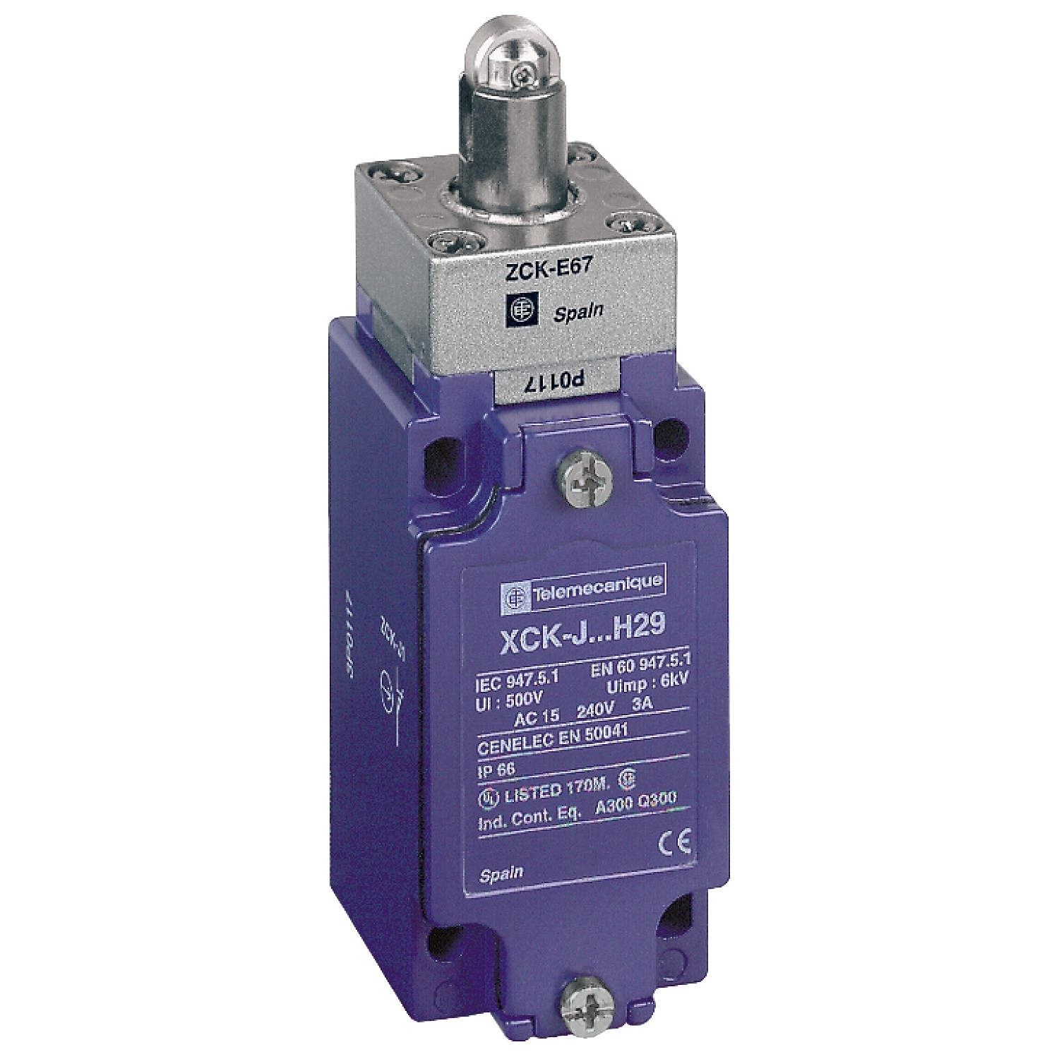 XCKJ567H7 OsiSense XC Standard Format Fixed Limit Switch, 240 V AC, 10 A, Roller Plunger Spring Return Actuator, 1NO-1NC Contact, 2 Poles