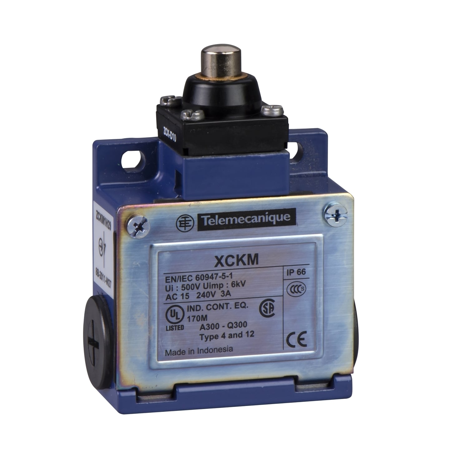 XCKM110H7 OsiSense Compact Fixed Medium Duty Standard Format Limit Switch, 240 VAC, 250 VDC, 10 A, Spring Return Plunger Actuator, 1NO-1NC Contact, 2 Poles