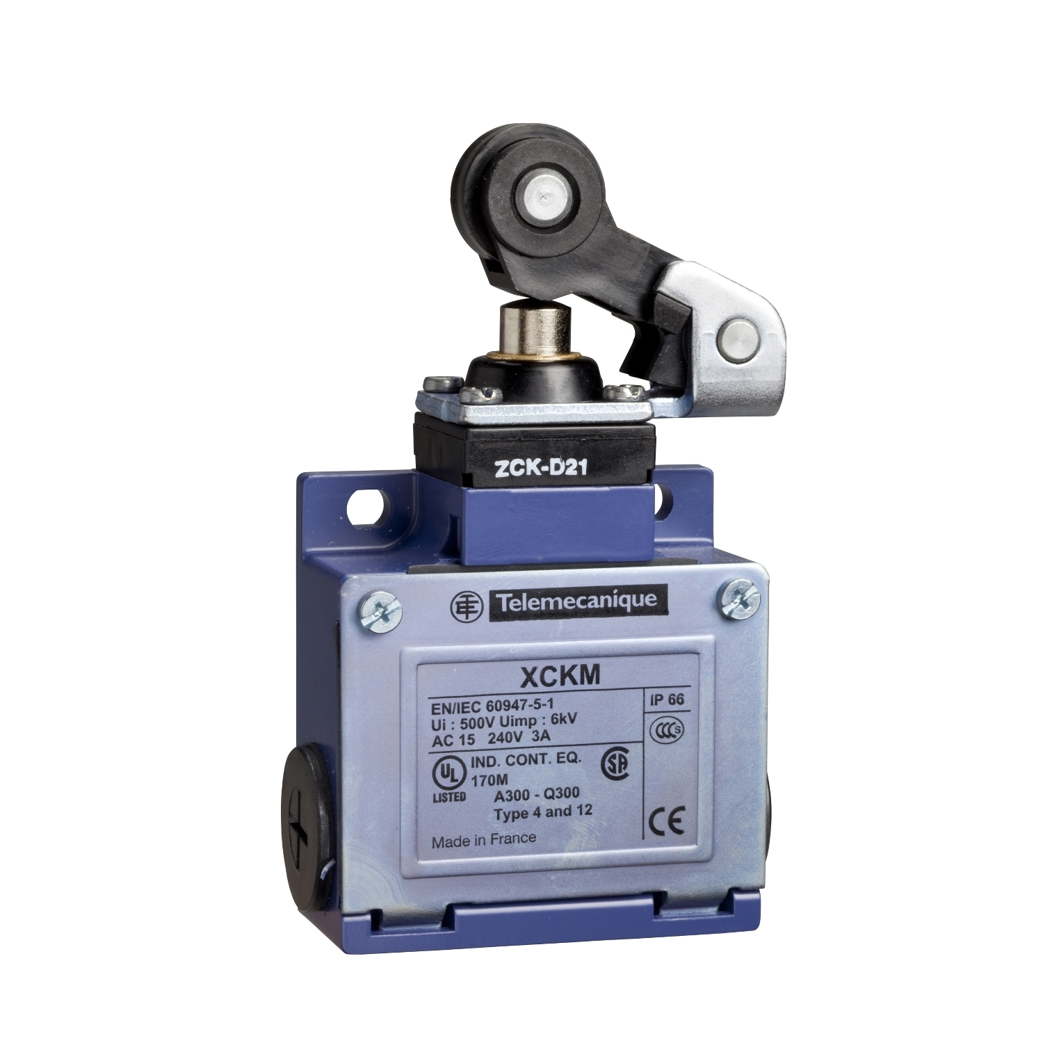 XCKM121H29 OsiSense Compact Fixed Medium Duty Standard Format Limit Switch, 240 V AC, 10 A, Spring Return/Roller Lever Plunger Actuator, 1NO-1NC Contact, 2 Poles