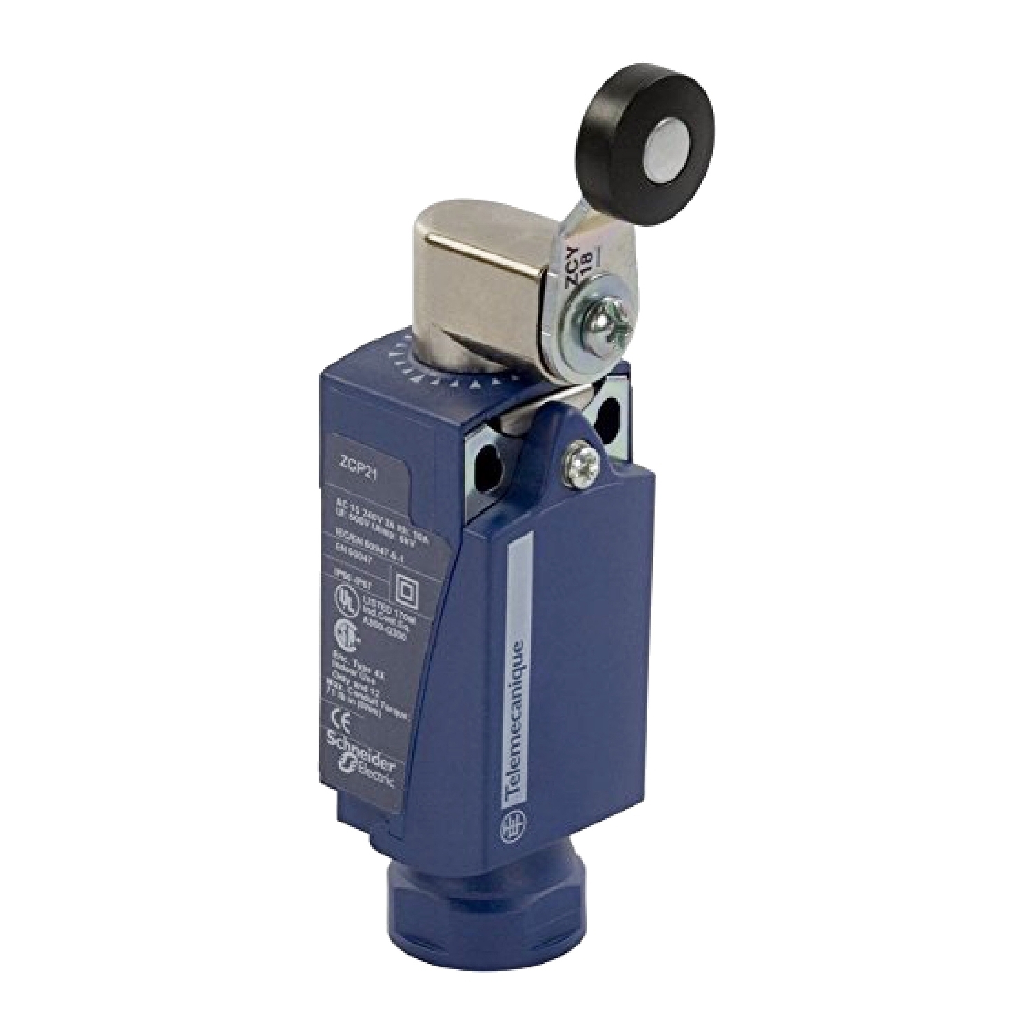 XCKP2118M12 OsiSense Compact Fixed Standard Limit Switch, 240 V AC, 250 V DC V AC, 3 A, Spring Return Roller Lever Arm Actuator, 1NO-1NC Contact, 2 Poles