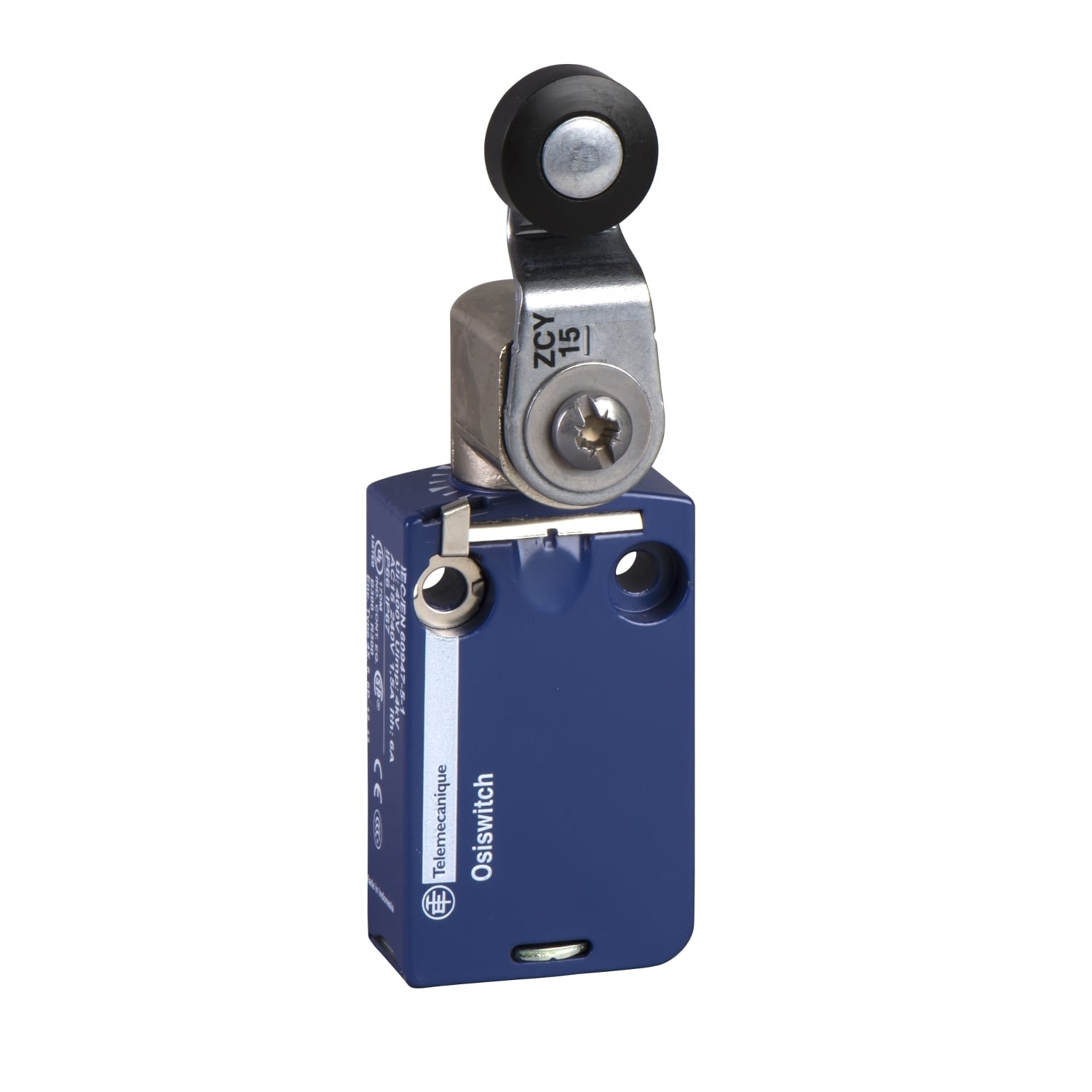 XCMD2515L1 OsiSense Fixed Heavy Duty Miniature Modular Standard Limit Switch, 240 V AC, 250 V DC V AC, 6 A, Spring Return Roller Lever Arm Actuator, 1NO-1NC Contact, 2 Poles