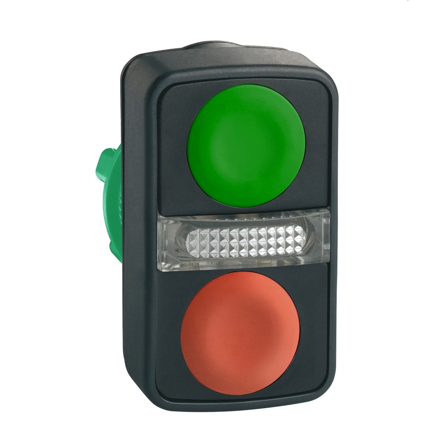 ZB5AW7A3740 Harmony Boot Flush Illuminated Spring Return Standard Pushbutton Head With Integral LED, 22 mm, Rectangle Shape, Plastic, Green/Red