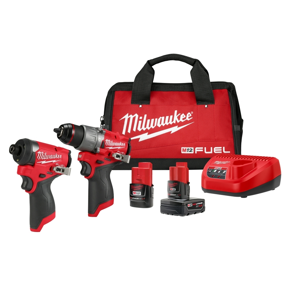 3497-22 M12 2-Tool Combination Kit, Tools: Hammer Drill, Impact Driver, 12 V DC, 2.0, 4.0 Ah Battery Li-Ion Battery