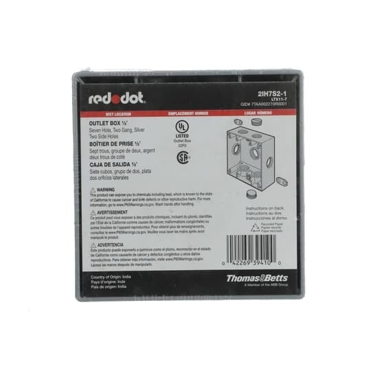 2IH7S2-1 Red Dot Universal Weatherproof Box, Die Cast Aluminum, 31.8 cu-in Capacity, 2 Gangs, 7 Outlets, 4-9/16 in L x 4-5/8 in W x 2-1/16 in D