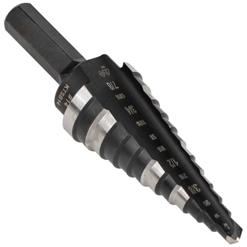 KTSB14 Step Drill Bit, 3/16 in Dia Min Hole, 7/8 in Dia Max Hole, Steel, 3/8 in Shank