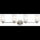 Joelson delivers a  4-light vanity thatfts transitional and versatile. This fixture showcases retro-inspired light bulb sockets with beautiful satin etched cased opal glass. For added ambiance, Joelson is appointed with a Brushed Nickel finish.