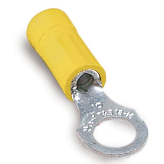 TV10-38R-L Catamount Ring Terminal, 12 to 10 AWG Conductor, 1.339 in L, Brazed Seam/Funnel Entry/Internal Serration Barrel, Copper, Yellow