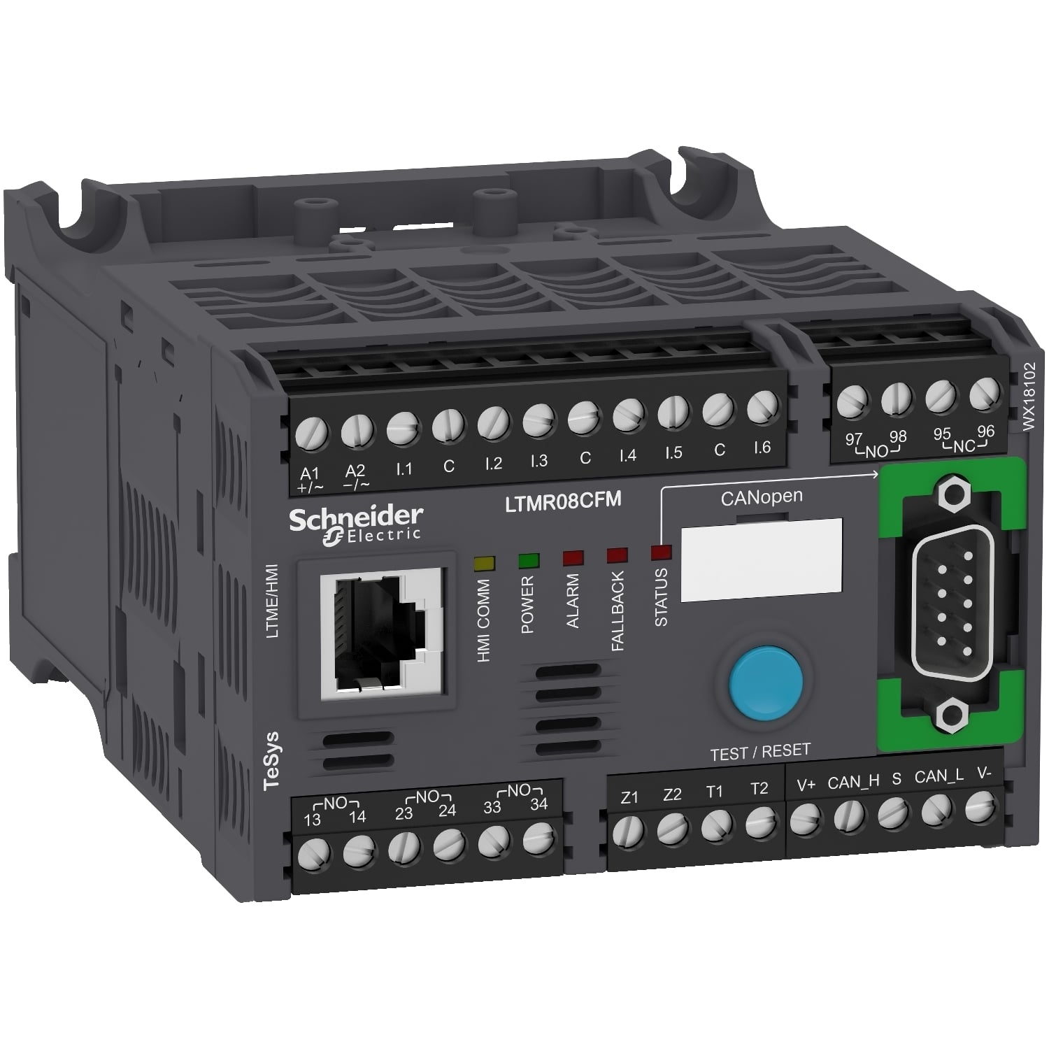 LTMR08CFM TeSys LTMR Motor Controller With CANopen Communication Port, 3.1 mA at 100 V AC, 7.5 mA at 240 V AC, 5 A at 250 VAC/5 A at 30 VDC