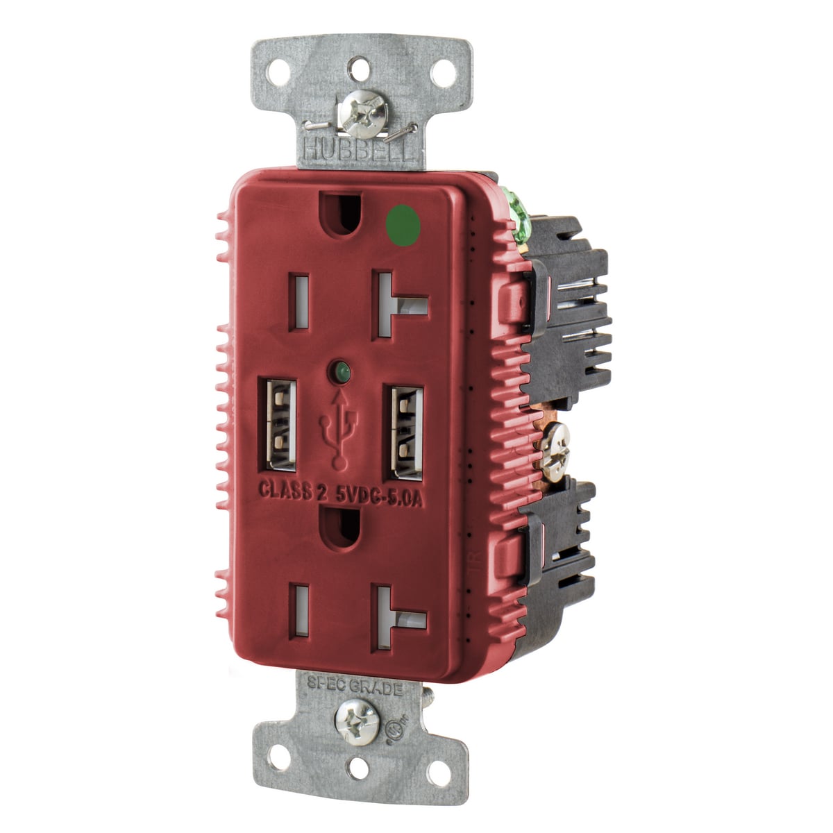 USB8300A5R Duplex Grounding Tamper-Resistant USB Charger Receptacle With Green LED, 277/480 V AC, 60 A, 1 hp, 12200 W, 3 Phase, 2 Poles, 3 Wires, Red