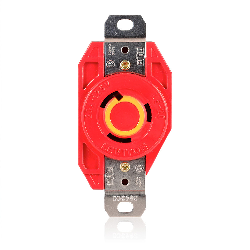 2310-R Grounding Receptacle, 125 V AC, 20 A, 2 Poles, 3 Wires, Red