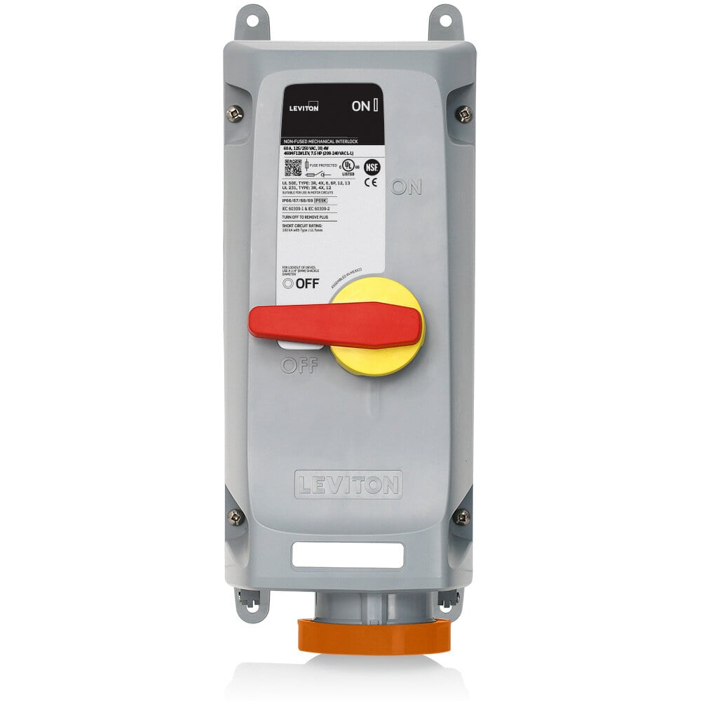 460MI12WLEV Non-Fused Watertight Pin and Sleeve Mechanical Interlock, 125/250 V AC, 60 A, 3 Poles, 4 Wires