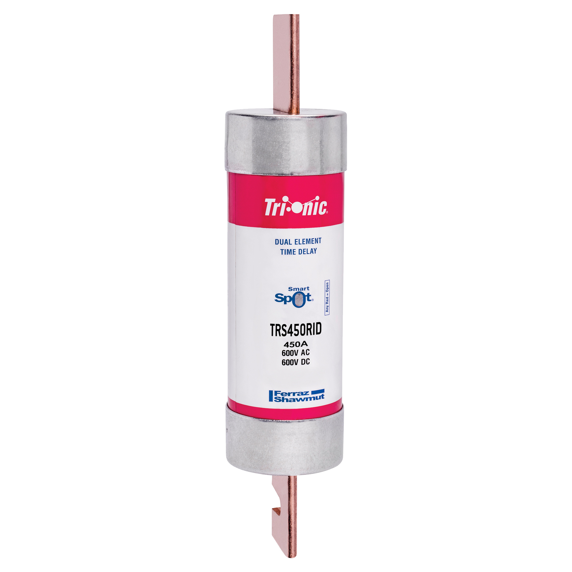 TRS450RID Tri-Onic SmartSpot Current Limiting Low Voltage North American Style Time Delay Fuse With Blown Fuse Visual Indication, 450 A, 600 V AC, 200 kA Interrupt, RK5 Class, Cylindrical Body