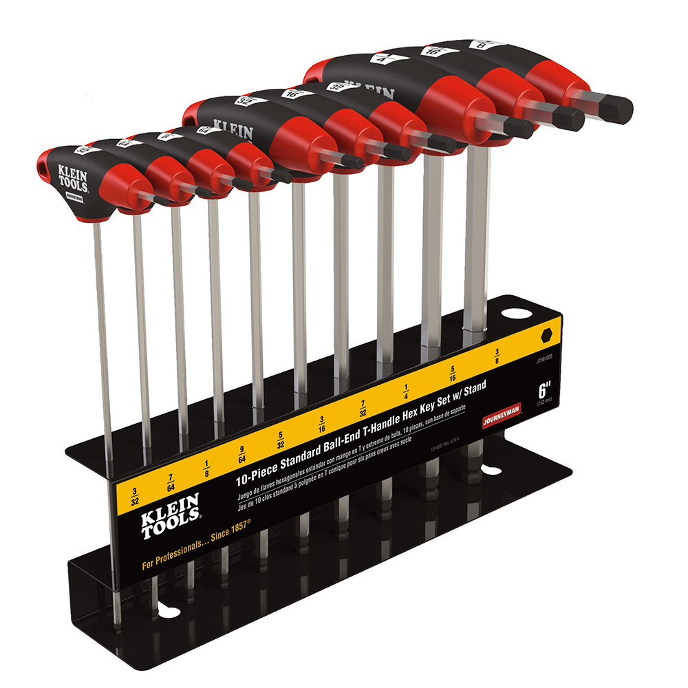 JTH610EB Journeyman Ball End Hex Key Set With Stand, 10 Pieces, 3/32 to 3/8 in Hex, T-Handle Grip Handle, Steel