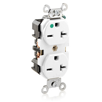 8400-W Duplex Extra Heavy Duty Wide Body Straight Blade Receptacle, 250 V AC, 20 A, 2 Poles, 3 Wires, White