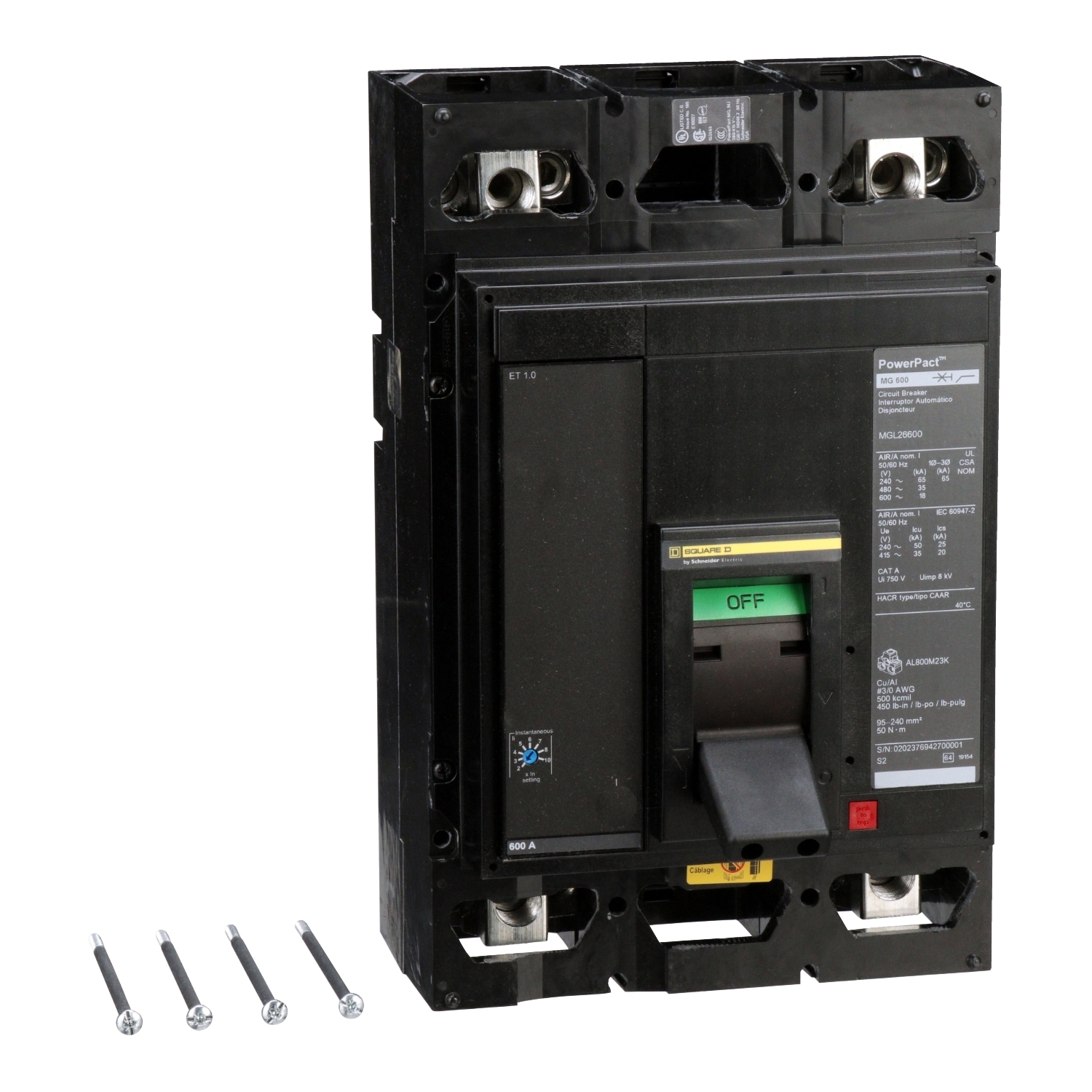 MGL26600 PowerPact Type MGL 80% Rated Molded Case Circuit Breaker, 600 V AC/250 V DC, 600 A, 65 kA at 240 VAC, 35 kA at 480 VAC, 18 kA at 600 VAC Interrupt, 2 Poles, Electronic Trip