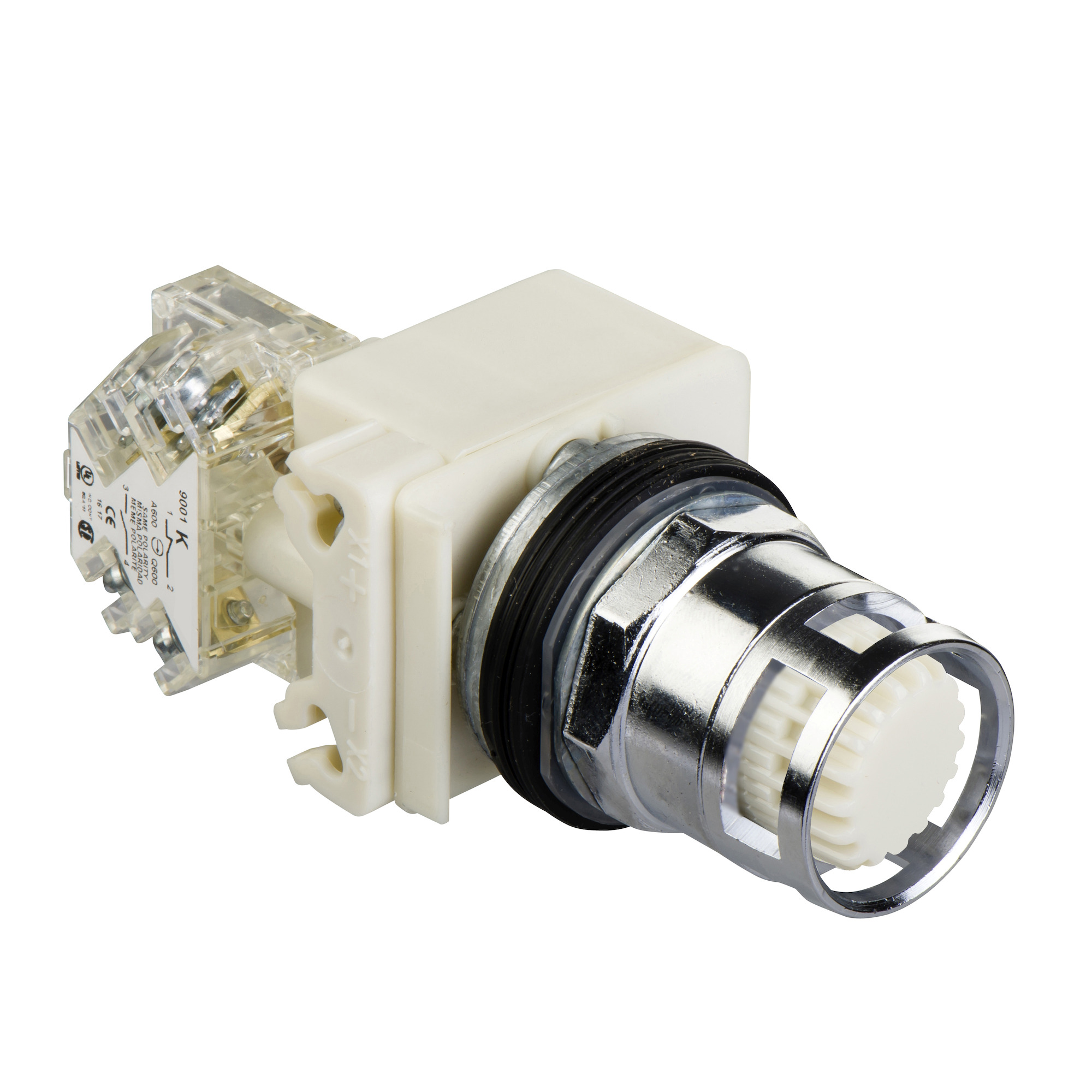 9001K3L35LWWH13 Harmony Type K Dusttight/Oiltight/Watertight Heavy Duty Unmarked Illuminated Pushbutton With Metallic Extended Guard and Contact Block, 30 mm, 1CO Contact, Slow Break Contact, Extended Operator, White
